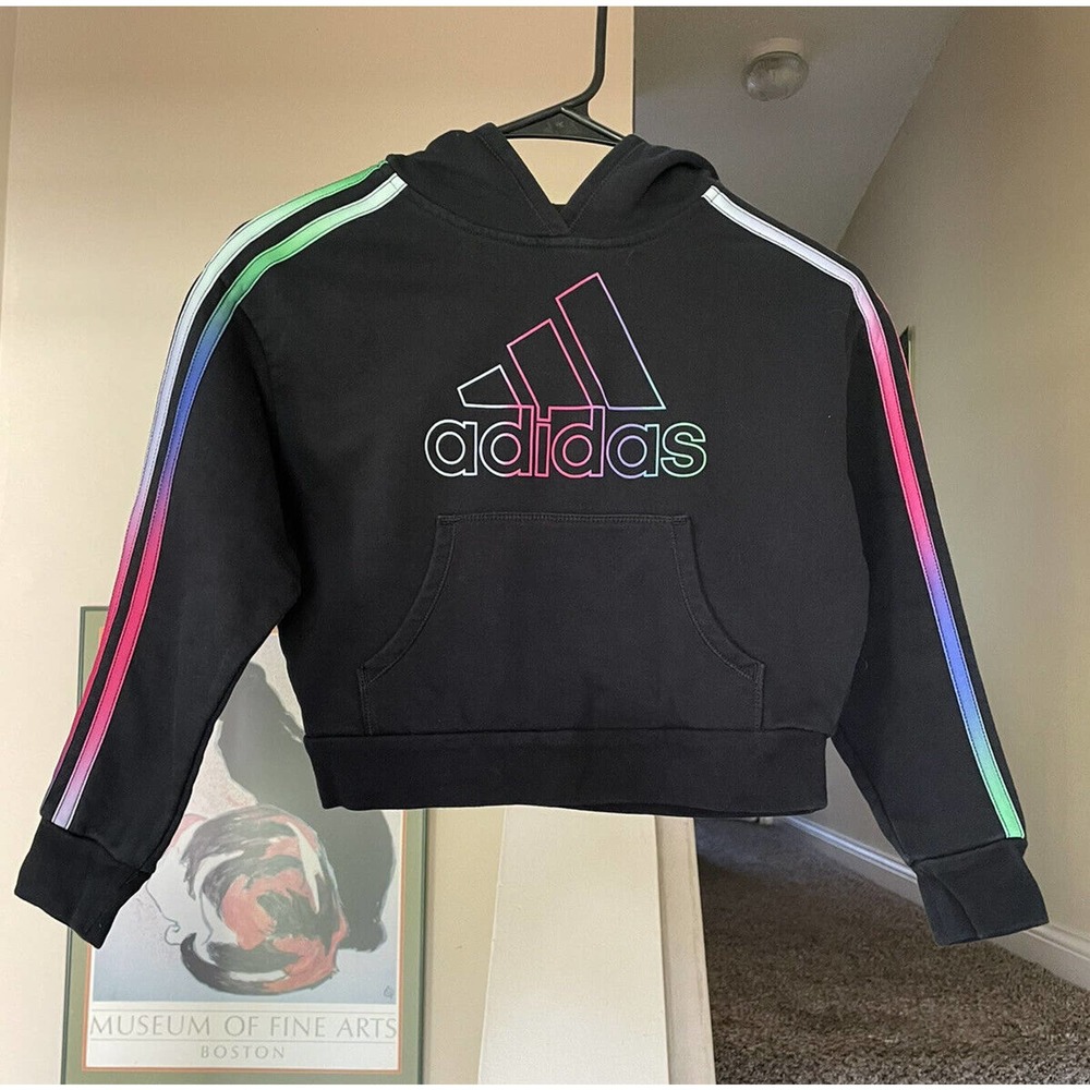 Adidas Girls Size 6 Pullover Hoodie Sweatshirt Black Rainbow Stripes Big Logo